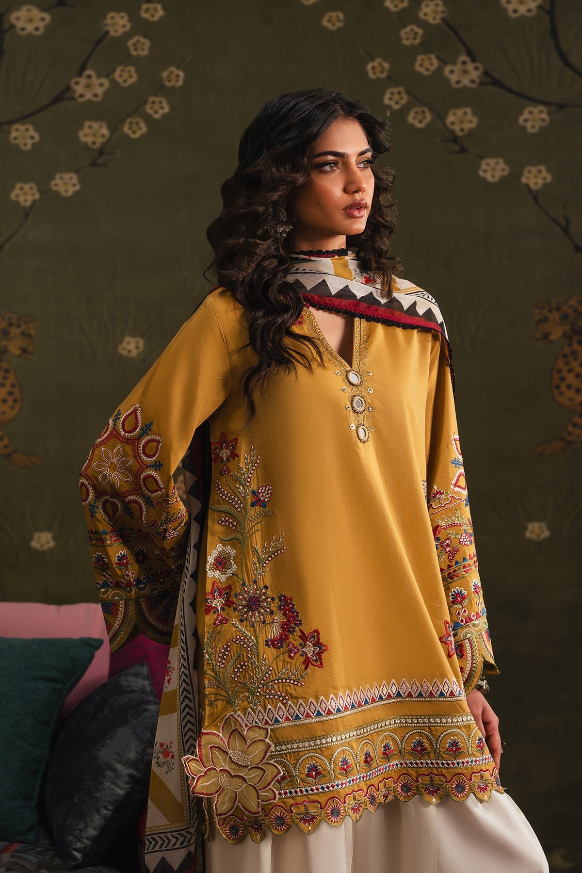 Dhanak Embroidered 3pc luxury Article With  Dhanak Printed Shawl Mustard Color