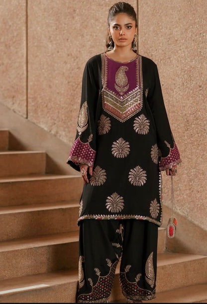 Ethnic Silk Luxury Embroidered Dress Purple Neckline
