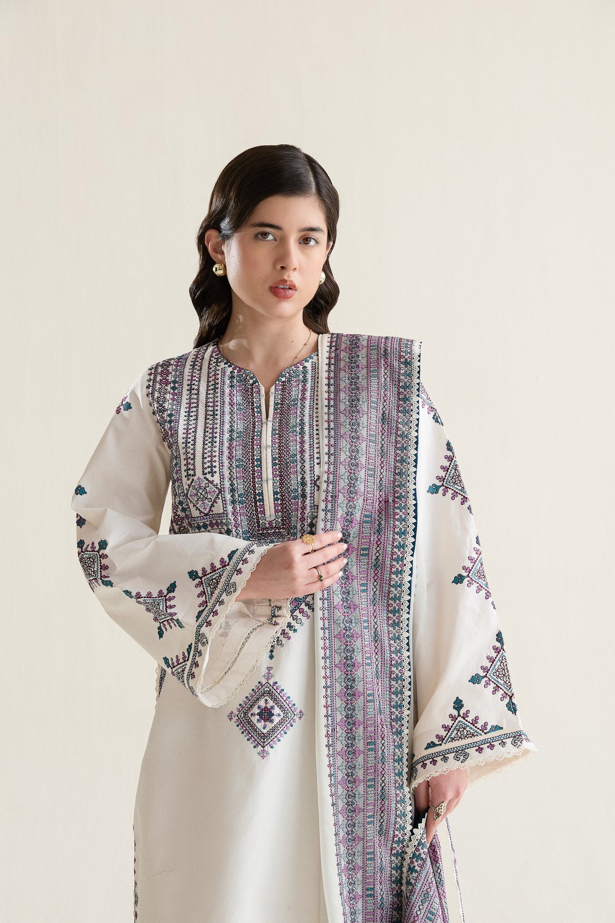 Katran Dhanak Embroidered 3pc Article With Pashmina Wool Shawl Off White Color