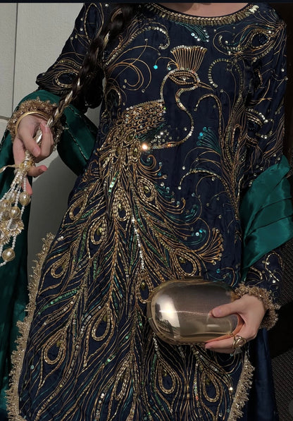 9000 Velvet Embroidered 3pc Article Peacock Design