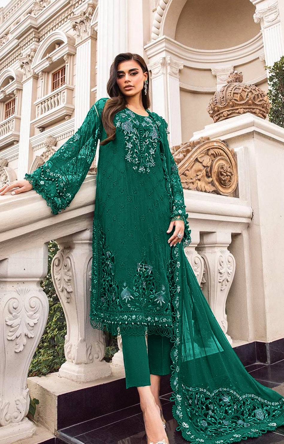 Mariab Dhanak Embroidered 3pc Article With Plachi Shawl Bottle green Color