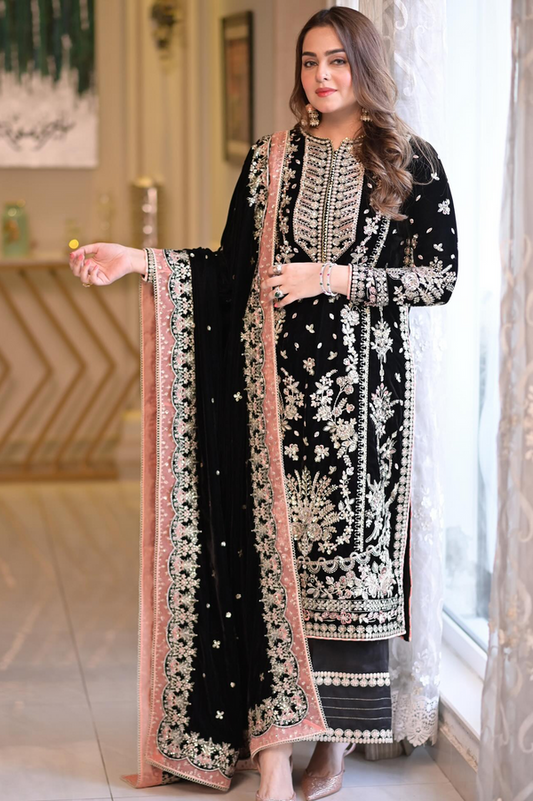 Aneelas 11000 Velvet Embroidered Luxury 3pc Article With Patches Black Color