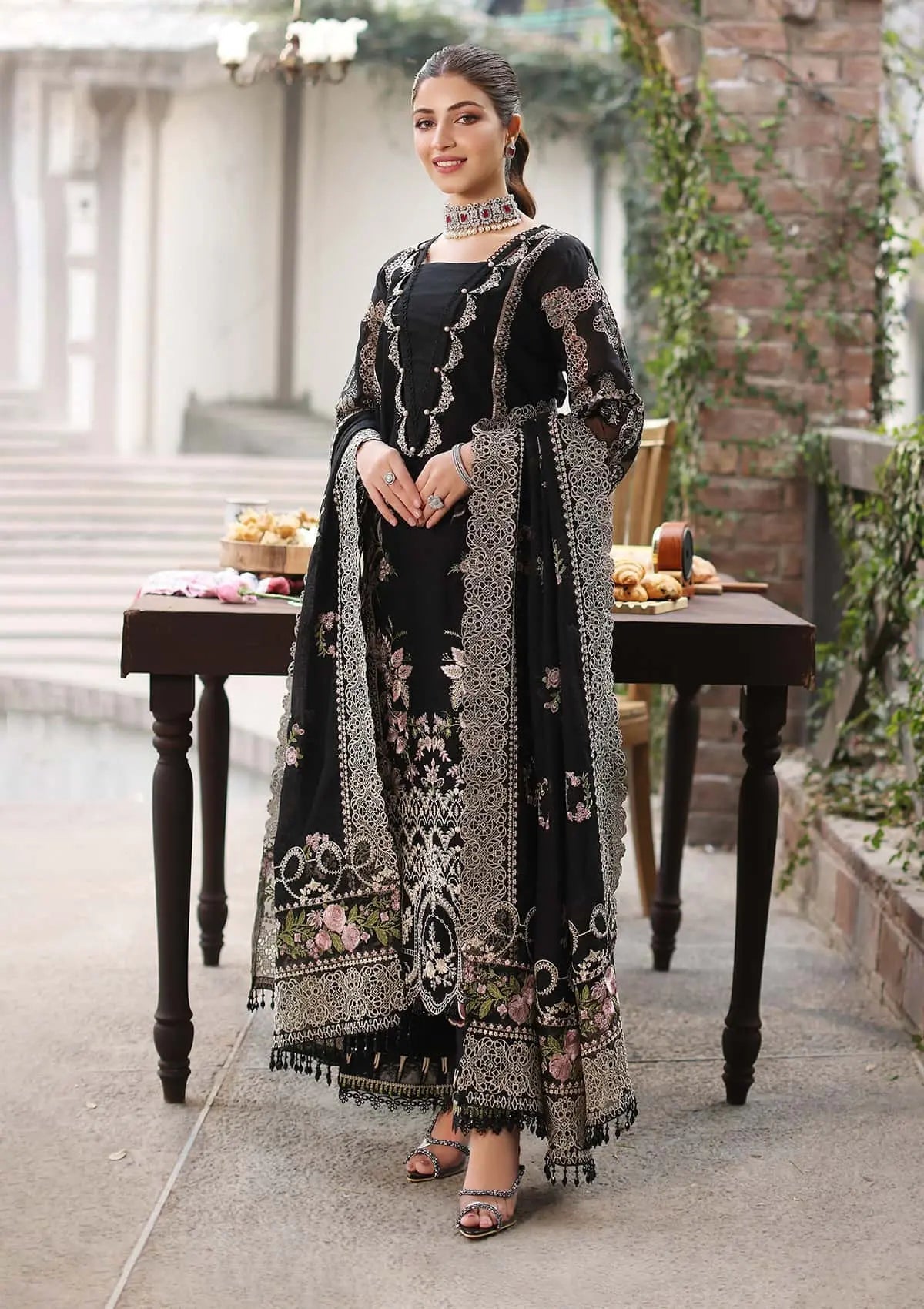 Kahf Black Dhanak Embroidered 3pc Article With Dhanak Shawl