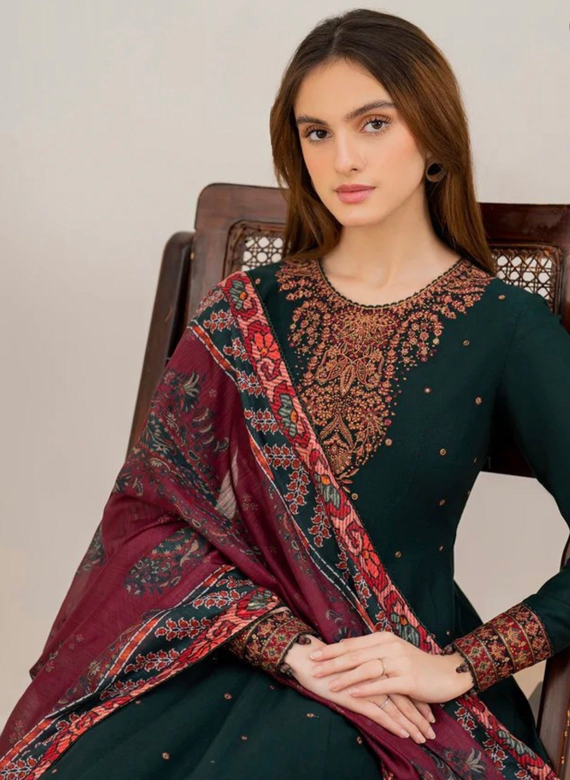 Dhanak Embroidered Luxury 3pc Article Bottle Green Color Frock Style