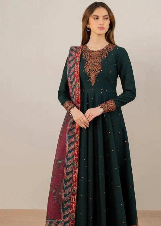 Dhanak Embroidered Luxury 3pc Article Bottle Green Color Frock Style