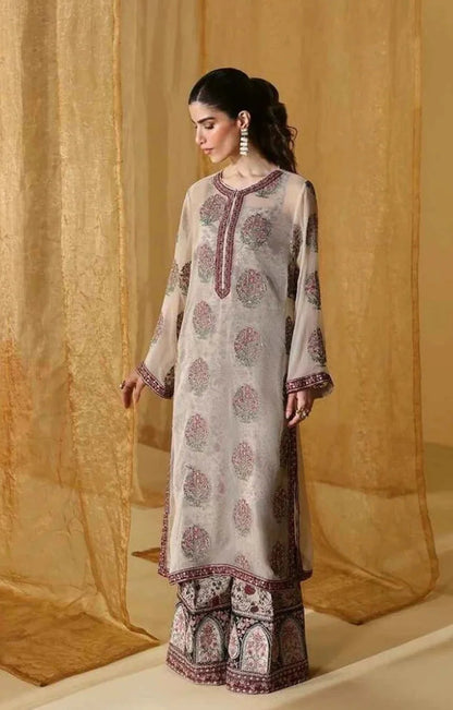 Silk Embroidered 2pc Article white chiffon with silk