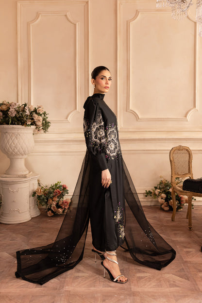11000 Velvet Embroidered 3pc Article Silk Trouser with organza Duppata Black Color