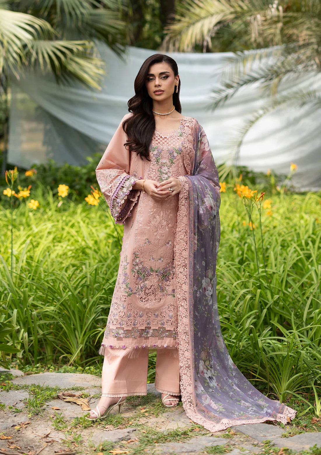 Elaf Dhanak Embroidered 3pc Luxury Article With Dhanak Purple Shawl Pink Color