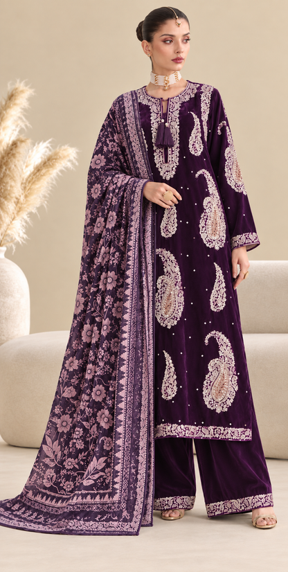 Ethnic Dhanak Embroidered 3pc Article With Plachi Shawl Plum Color