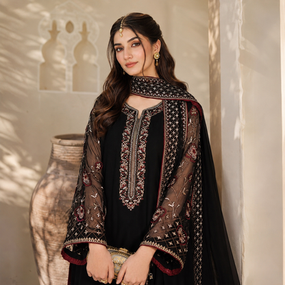 Laam Dhanak Embroidered 3pc Article With Wool Shawl Black Color Maroon Embroidered Trouser