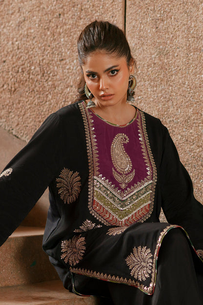 Ethnic Silk Luxury Embroidered Dress Purple Neckline