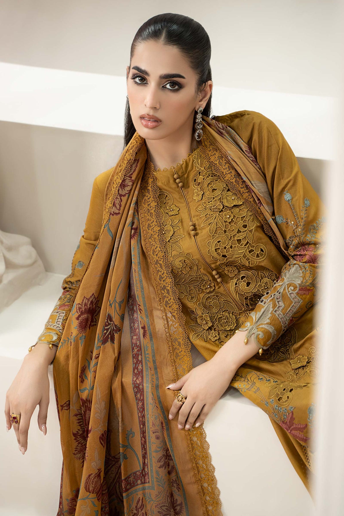 Mariab Dhanak Embroidered 3pc Article 3d Patches With Dhanak Shawl Mustard Color