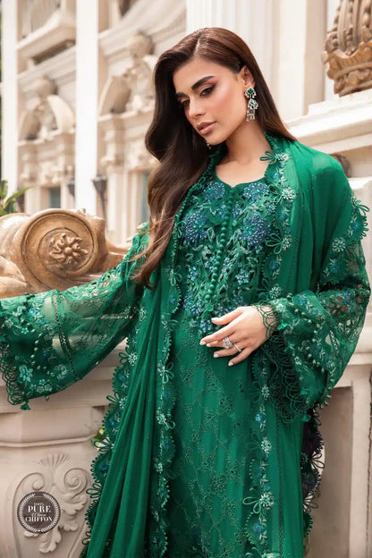 Mariab Dhanak Embroidered 3pc Article With Plachi Shawl Bottle green Color
