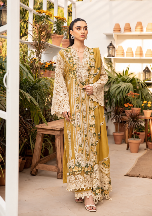 Elaf Dhanak Embroidered 3pc Article With Khaadi net Duppata Mustard Color Lining Design