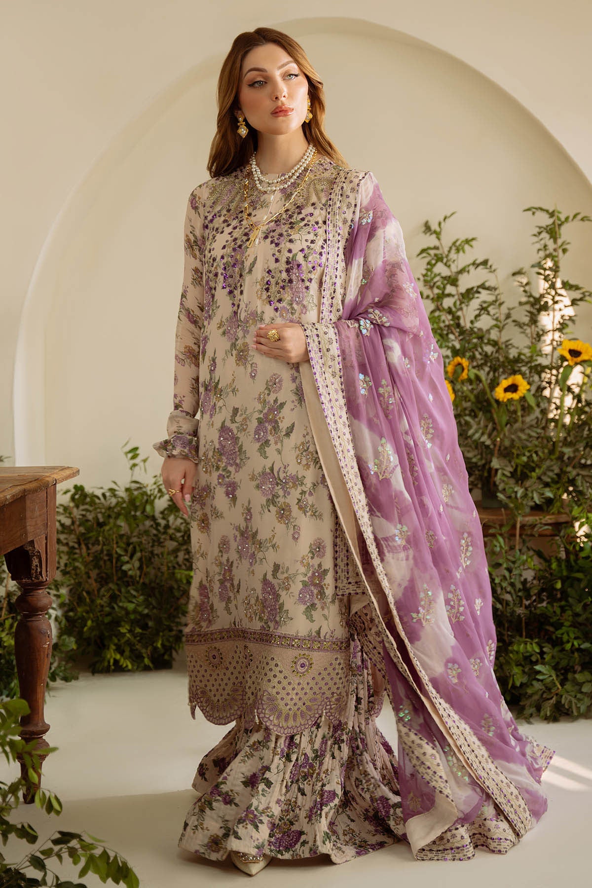 Nureh Silk Printed 3pc Article With Silk Printed Duppata Off White Color