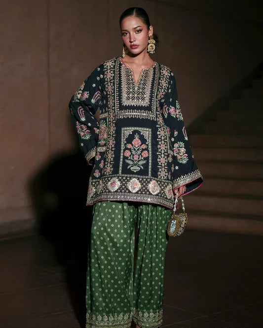 Silk Luxury Embroidered 2pc Article Blue Shirt with green dots trouser