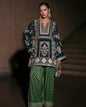 Silk Luxury Embroidered 2pc Article Blue Shirt with green dots trouser