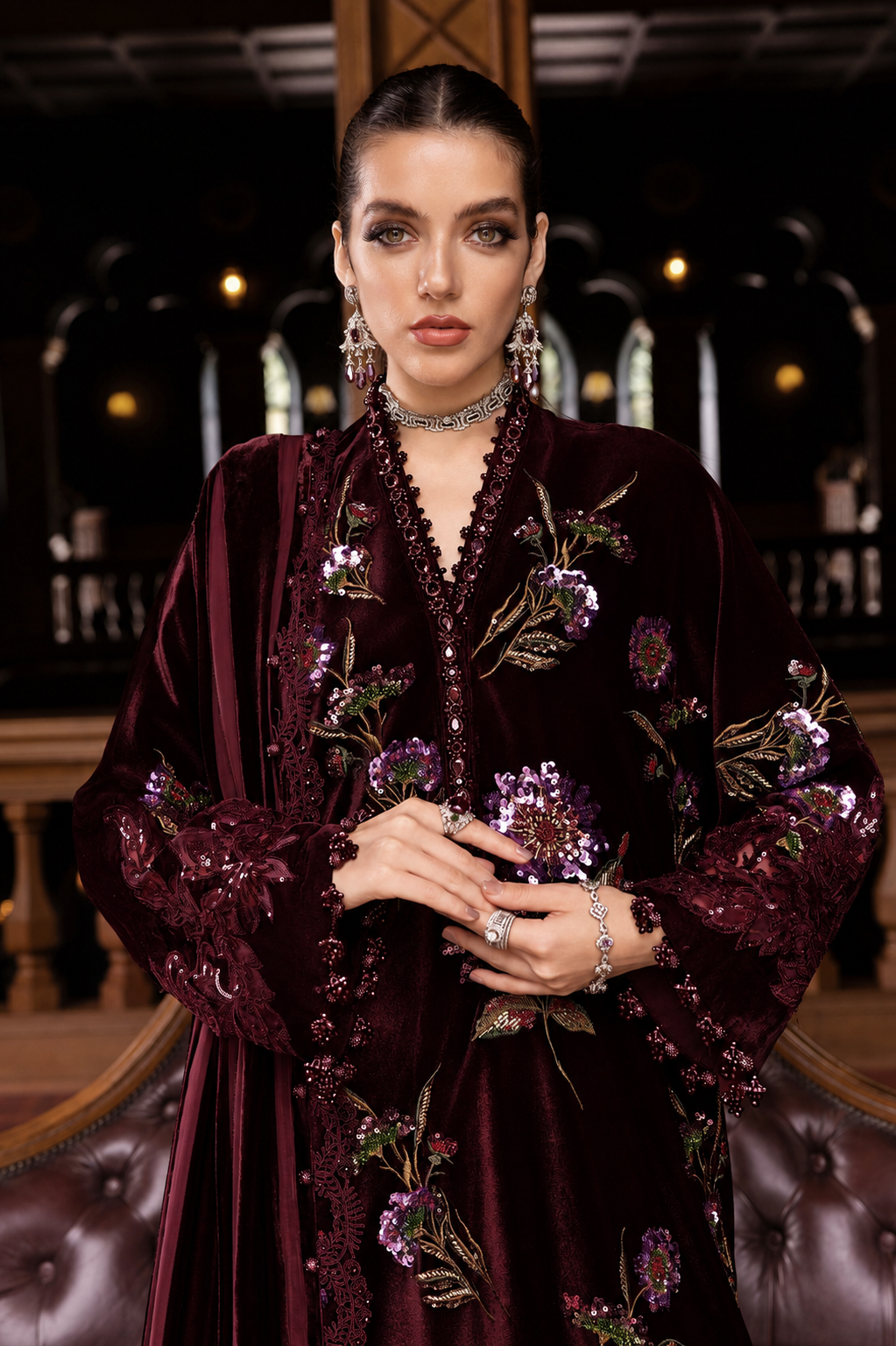 9000 Velvet 2pc Embroidered Dress Maroon