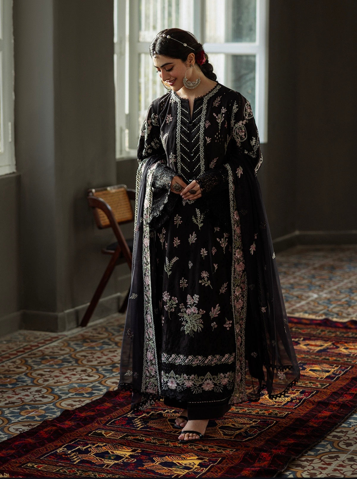 Kahf Dhanak Embroidered 3pc Article With Dhanak Shawl Black Color