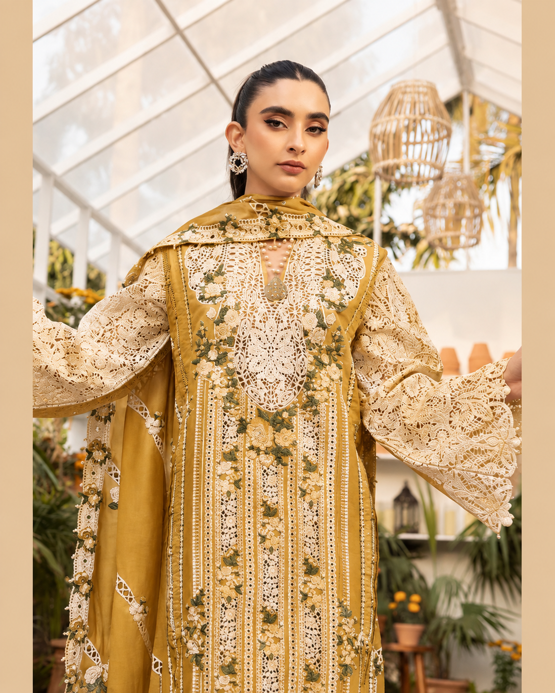 Elaf Dhanak Embroidered 3pc Article With Khaadi net Duppata Mustard Color Lining Design