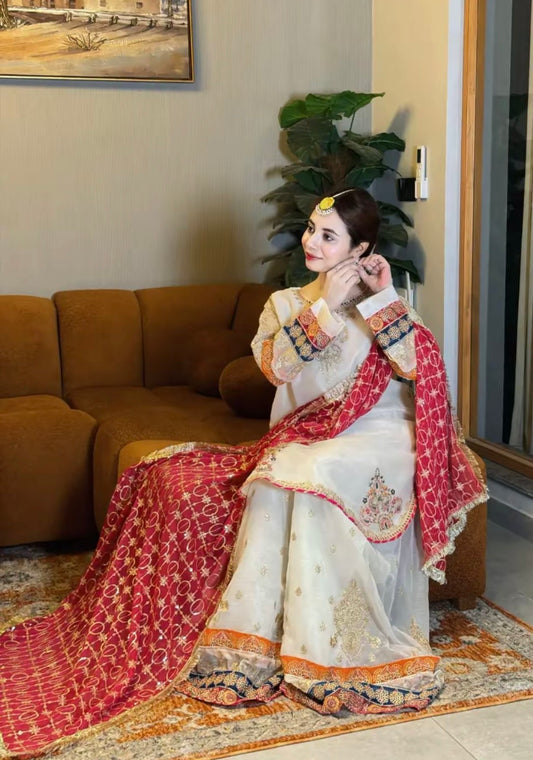 Ethnic Shamos Silk Embroidered 3pc Article With Red Khaadi net Duppata Off white color