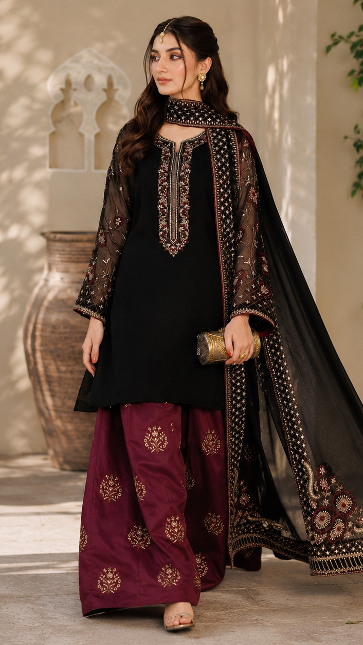Laam Dhanak Embroidered 3pc Article With Wool Shawl Black Color Maroon Embroidered Trouser