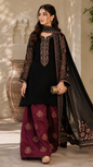 Laam Dhanak Embroidered 3pc Article With Wool Shawl Black Color Maroon Embroidered Trouser