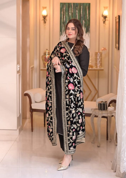 Aneelas Velvet Heavy Embroidered Shawl with Plain Jet Black 3 Piece Dress