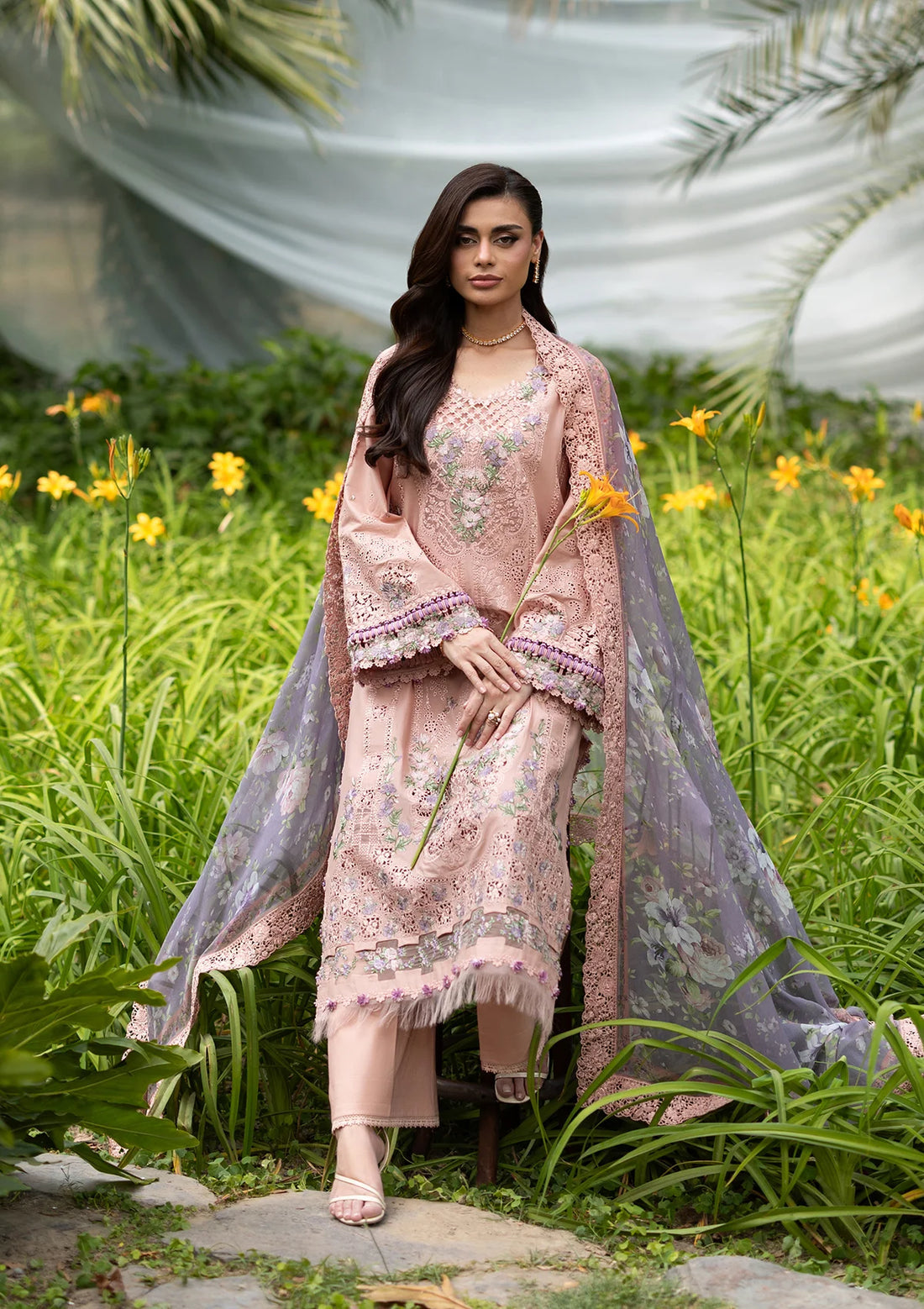 Elaf Dhanak Embroidered 3pc Luxury Article With Dhanak Purple Shawl Pink Color