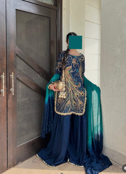 9000 Velvet Embroidered 3pc Article Peacock Design