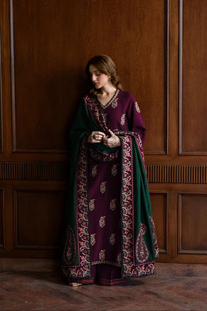 Zaib Dhanak Luxury 3 Piece with Embroidered Patches - Maryam Collection