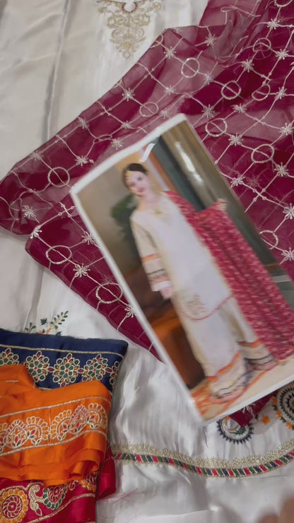 Ethnic Shamos Silk Embroidered 3pc Article With Red Khaadi net Duppata Off white color