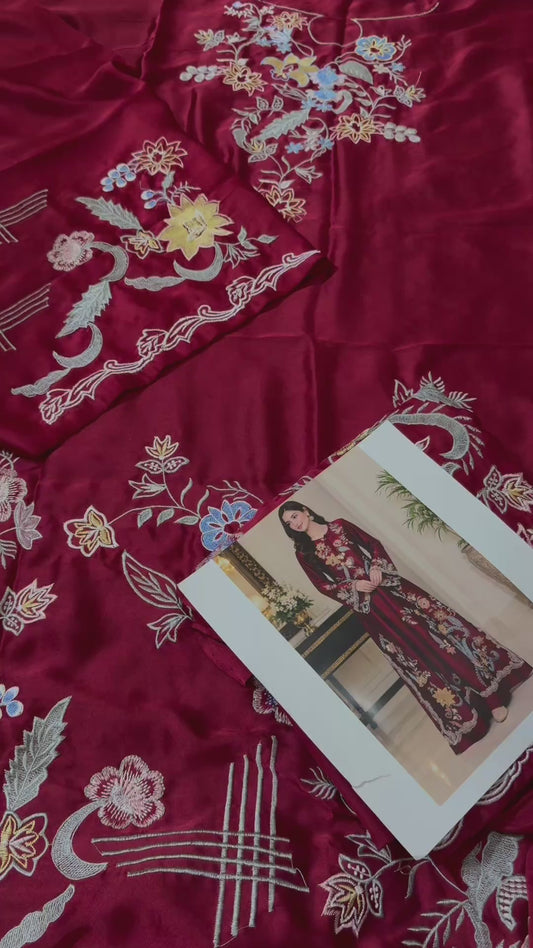 Nadia Farooqi Silk Embroidered 2pc Article Kaftan Style Maroon Color