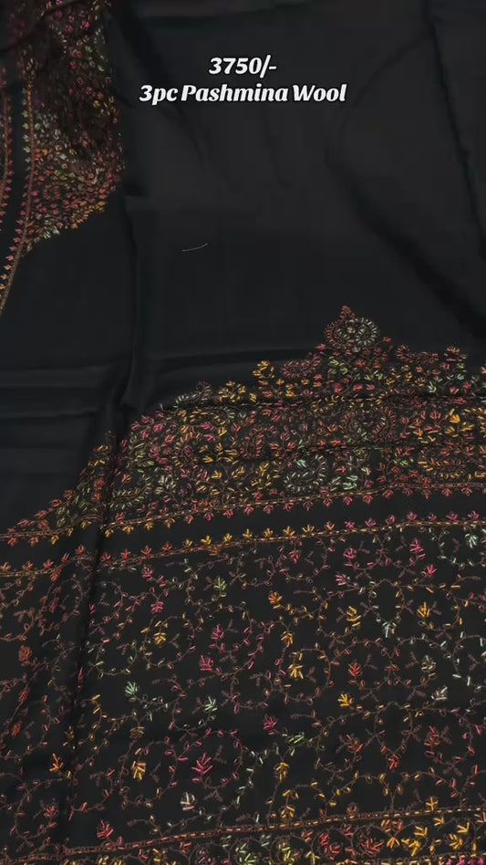 Embroidered 3pc Wool Article With Pashmina Black Wool Shawl