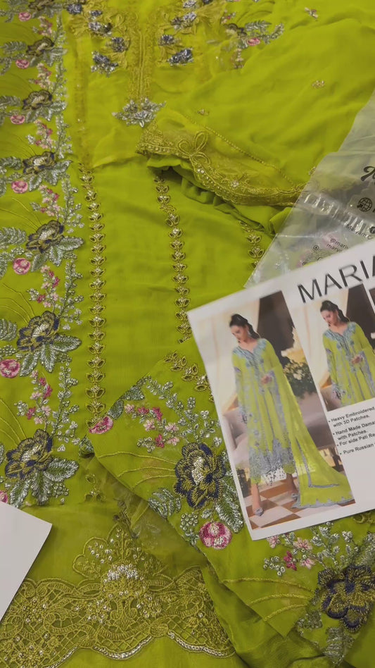 Mariab Chiffon Embroidered 3pc Article With Russion Grip Trouser ,Silk Duppata Mustard Color