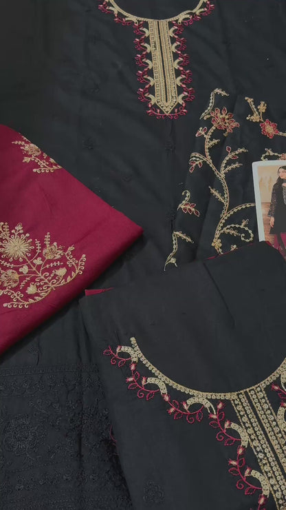 Laam Dhanak Embroidered 3pc Article With Wool Shawl Black Color Maroon Embroidered Trouser