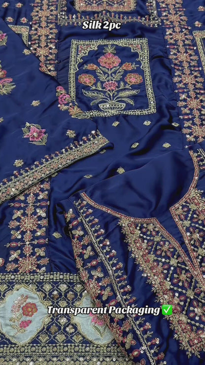 Silk Luxury Embroidered 2pc Article Blue Shirt with green dots trouser