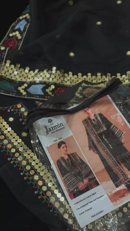 Jazmin 11000 Velvet Embroidered 3pc Article With Embroidered Khaadi Net Duppata Black Color