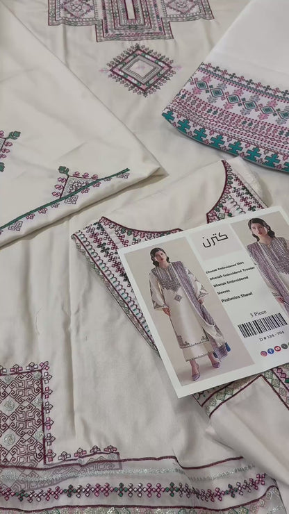 Katran Dhanak Embroidered 3pc Article With Pashmina Wool Shawl Off White Color