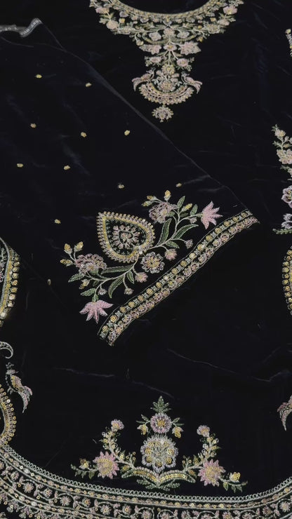 Ethnic 9000 Velvet Embroidered 3pc Article With peach Chiffon Dupatta Black color