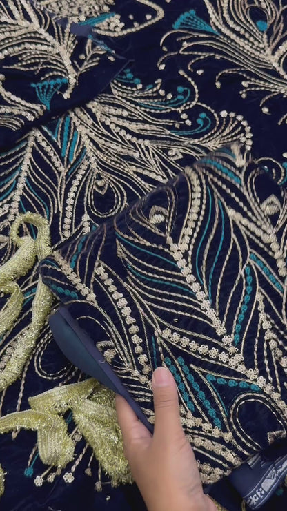 9000 Velvet Embroidered 3pc Article Peacock Design