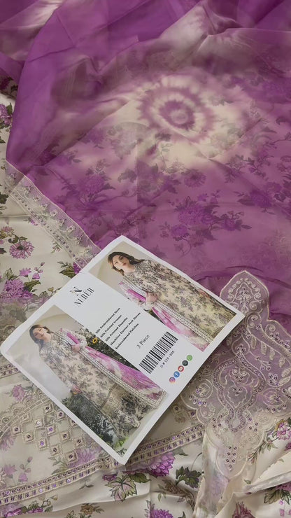 Nureh Silk Printed 3pc Article With Silk Printed Duppata Off White Color