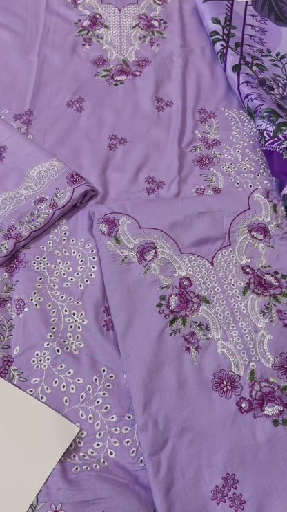 Nooreh Dhanak Embroidered Luxury 3pc Article With Dhanak Printed Shawl Lilac Color