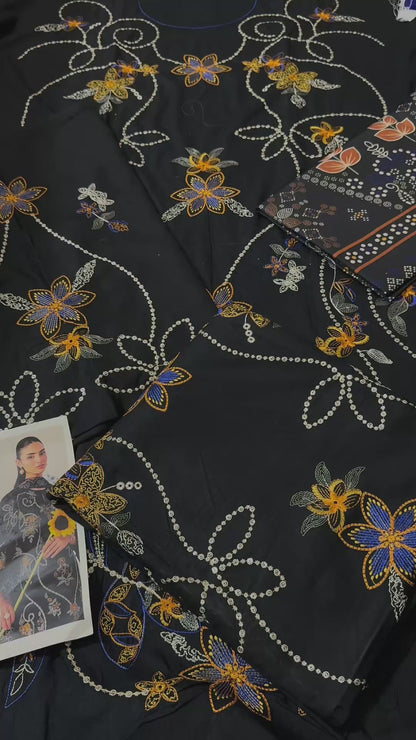 Baroque Dhanak Embroidered 3pc Article With Printed Wool Shawl Black Color