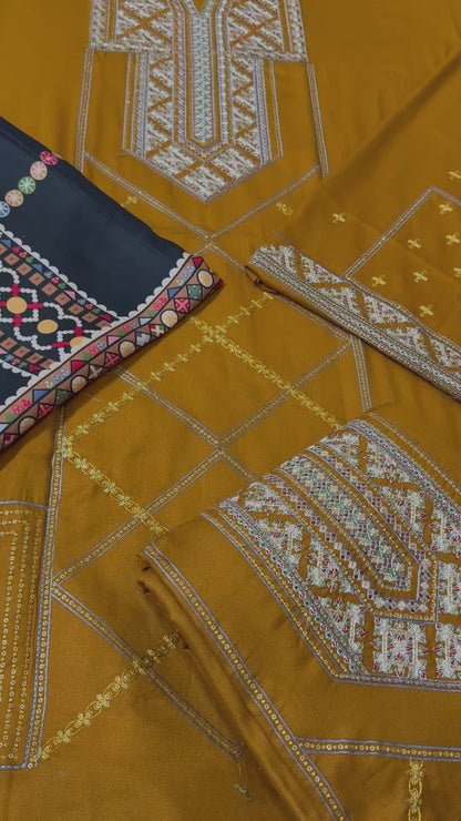 Jazmin Dhanak Embroidered Luxury 3pc Article With Digital Printed Wool Shawl Mustard Color