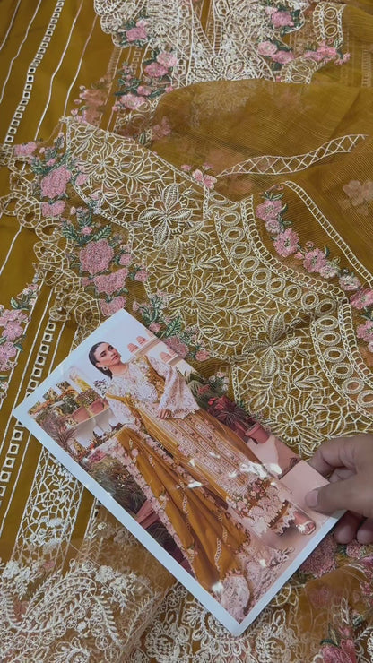Elaf Dhanak Embroidered 3pc Article With Khaadi net Duppata Mustard Color Lining Design