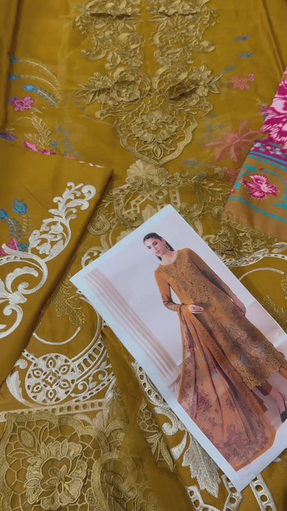 Mariab Dhanak Embroidered 3pc Article 3d Patches With Dhanak Shawl Mustard Color