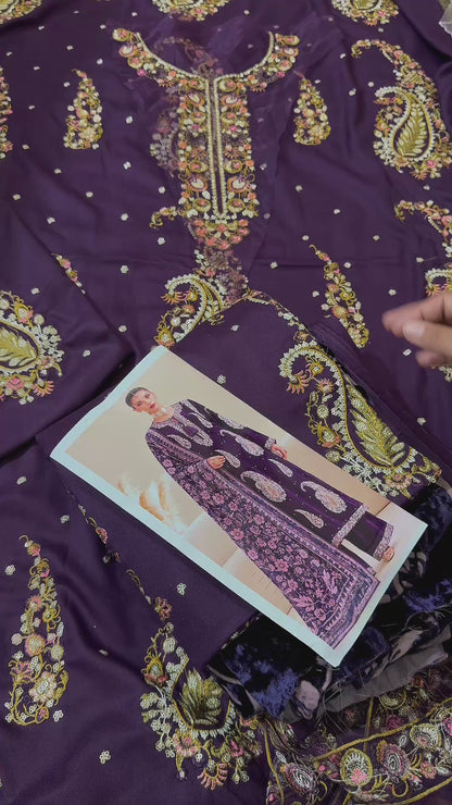 Ethnic Dhanak Embroidered 3pc Article With Plachi Shawl Plum Color