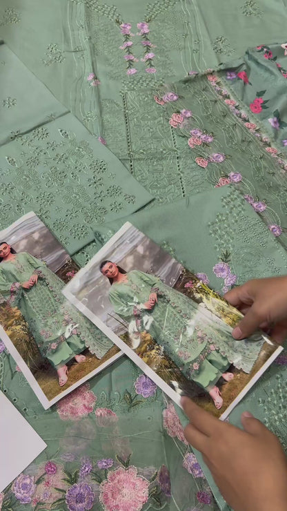 Elaf Dhanak Embroidered 3pc Article With Silk Printed Shawl Light green Color