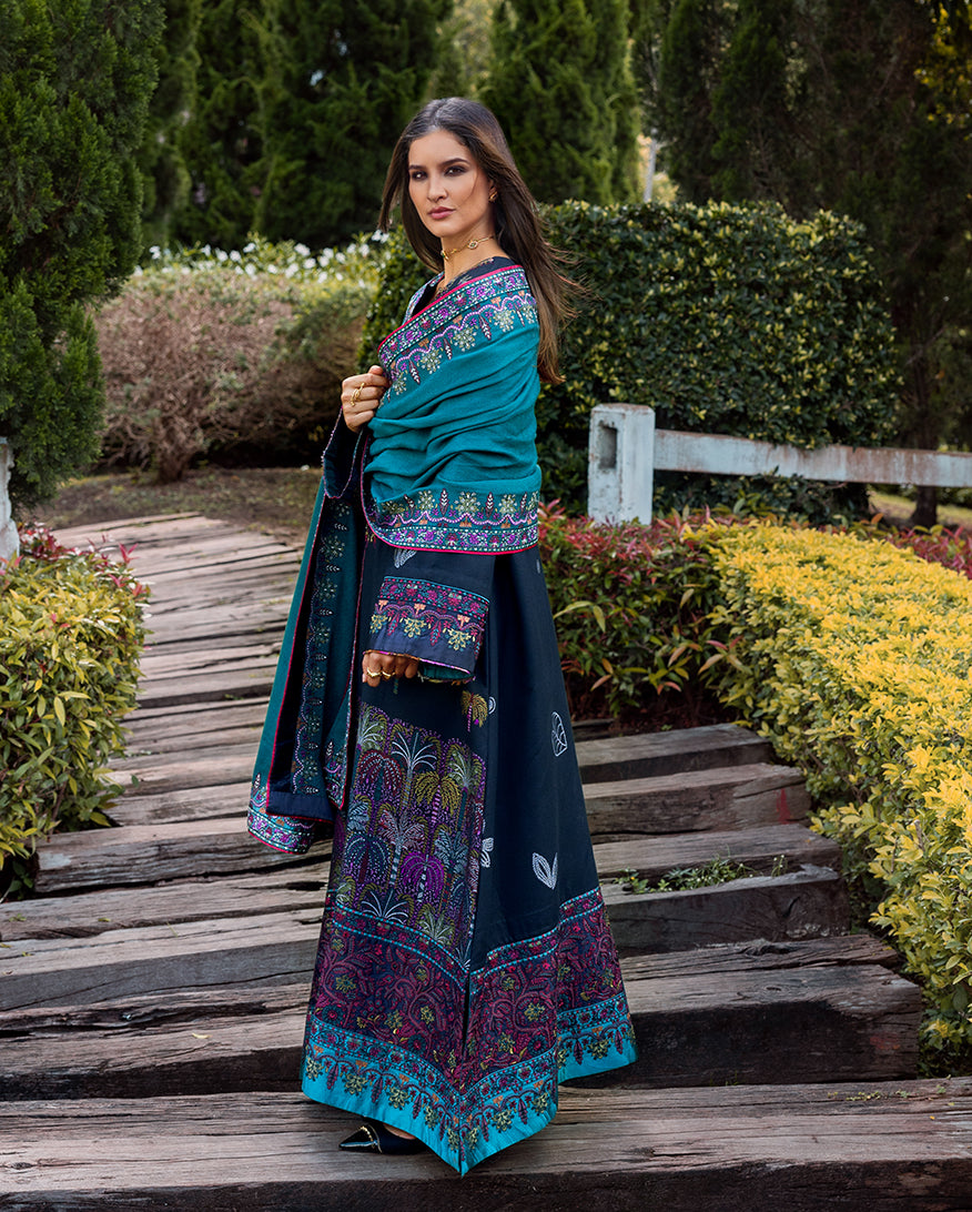 Mushq Dhanak Embroidered 3 Piece with Embroidered Patches and Heavy Embroidered Shawl